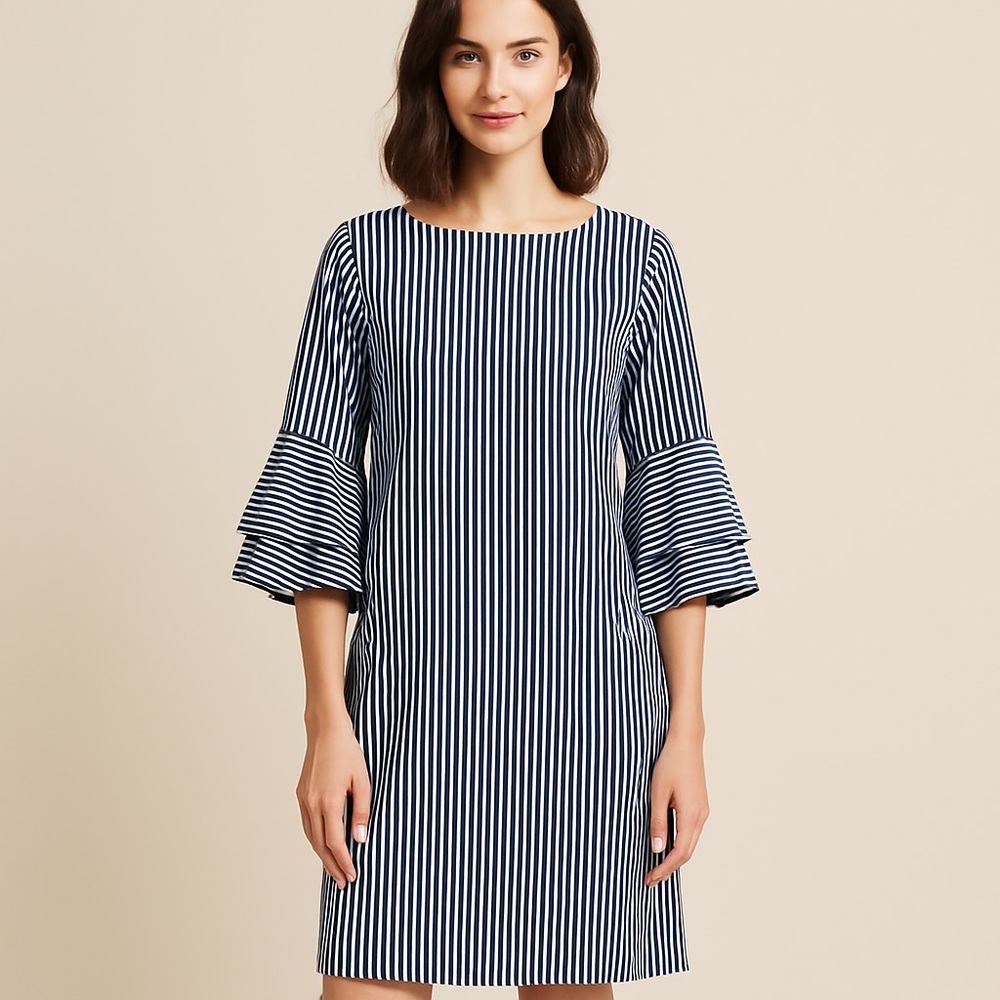 NWT Nine West Scoop‎ Neck V Back Ruffle Bell Sleeve Dress 8 M Blue White Lined